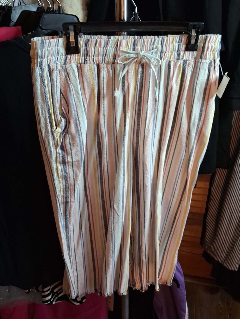 Royalty Collection Casual Drawstring Stripe Pants Cream Blue PXL NWT